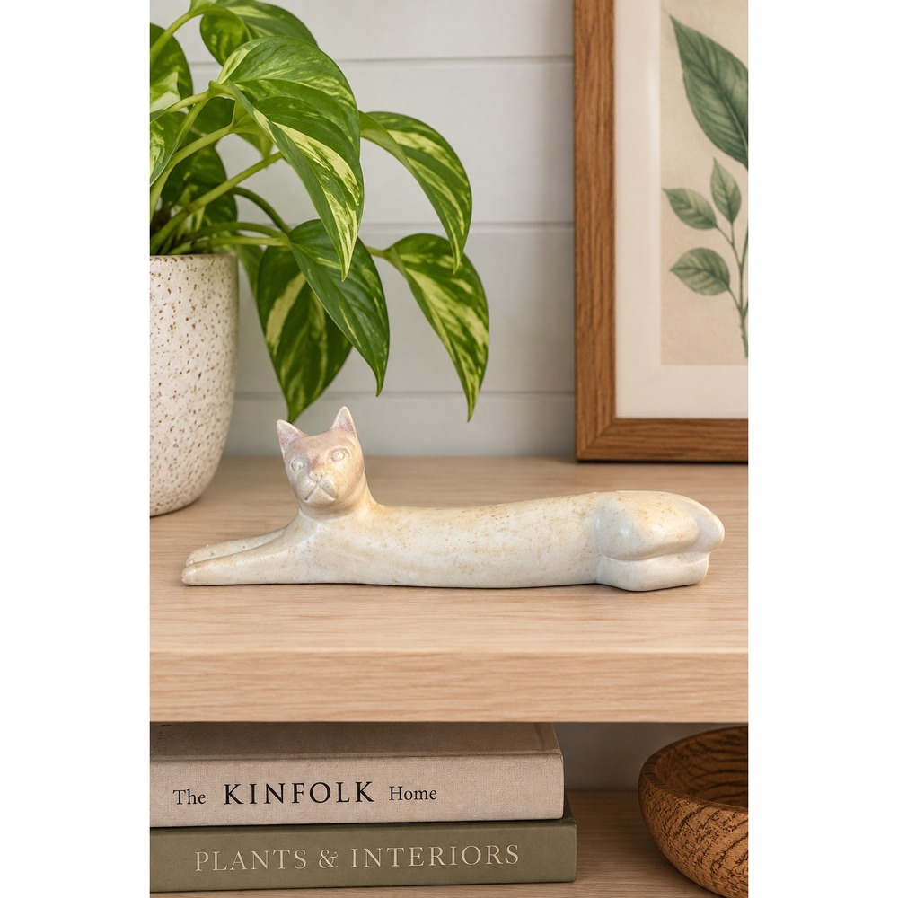 Vintage Hand Carved Stone Cat Figurine Reclining Feline Sculpture 9 Inch